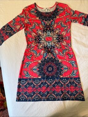 Jeanne Pierre Klifa Daphne Vibrant Coral Mandala Print Long Sleeve short Dress